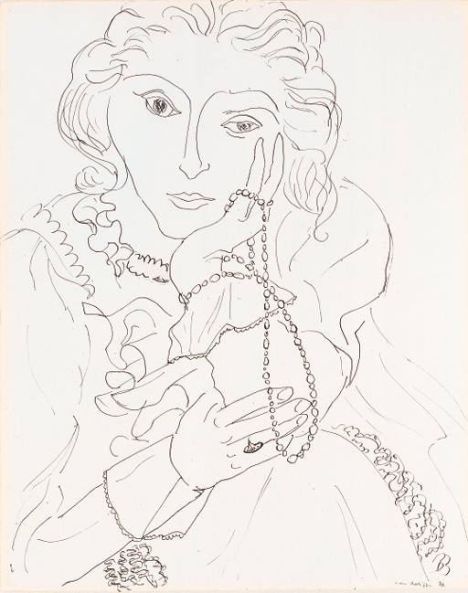 Femme au jabots et collière de perles 

