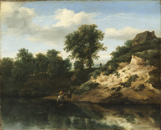 A wooded river landscape with figures conversing and a horse watering, a cottage on a hill beyond
