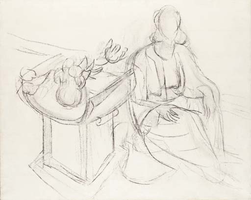 Femme assise dans un intérieur, siège africain 
