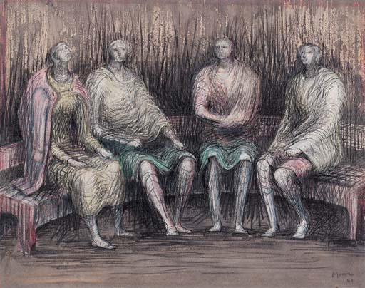 Four Seated Figures on a Curved Bench 
