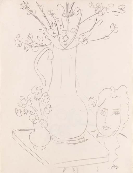 Tête de femme et deux bouquets 
