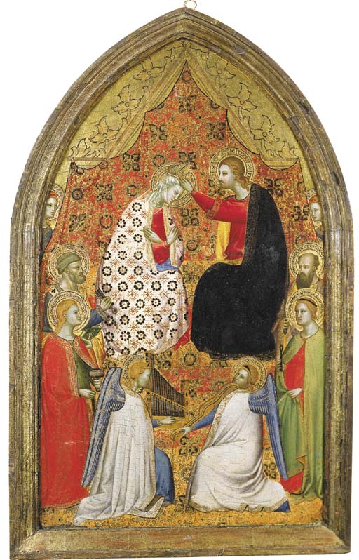 Cristo incorona la Vergine fra i Santi Pietro, Lucia (?), Apollonia, Paolo Apostolo, due angeli musicanti e due angeli sullo sfondo
