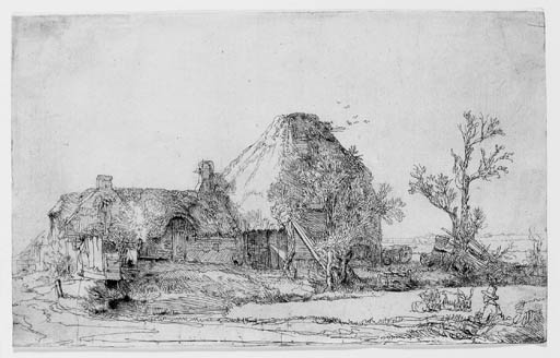 Cottages and Farm Buildings with a Man sketching (B., Holl. 219; H. 213)
