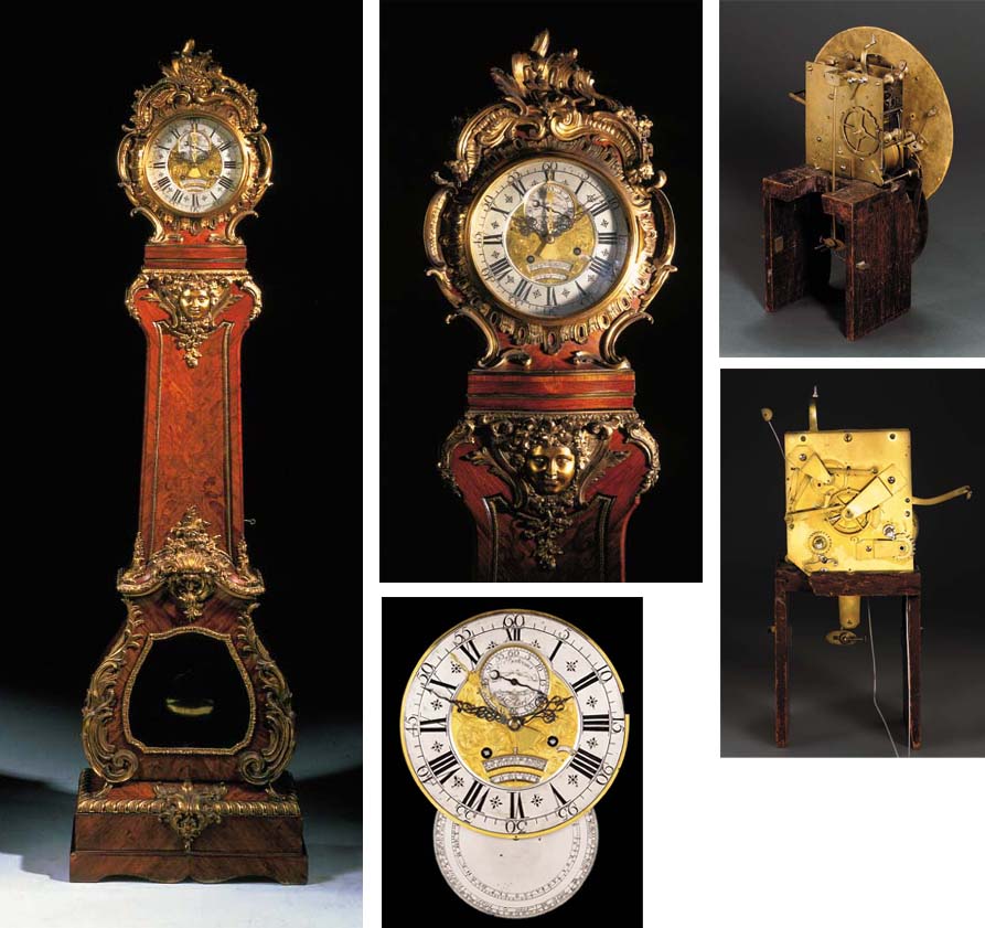 A Louis XV ormolu-mounted tulipwood and marquetry month-going regulateur de parquet with full calendar and equation of time, by Ferdinand Berthoud. The case by Balthazar Lieutaud. 86&frac12; in (219 cm) high; 24&frac34; in (63 cm) wide; 12 in (30 cm) deep. Sold for &pound;322,750 on 5 July 2001 at Christie&rsquo;s in London