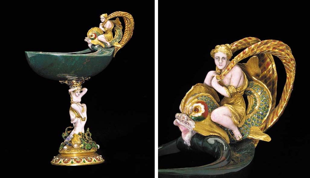 A French jewelled and enamelled goldmounted hardstone tazza , MARK OF JEANVALENTIN MOREL