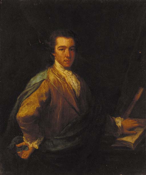 Portrait of a gentleman, three-quarter-length, in a brown coat and blue mantle, his left hand resting on a book
