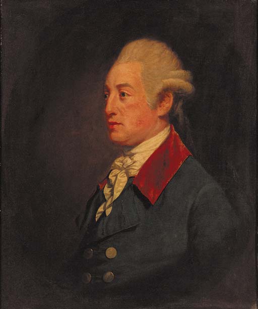 Portrait of a gentleman, quarter-length, in a green coat with red collar and white cravat, feigned oval
