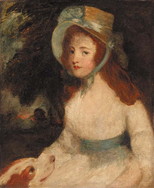 Portrait of a lady, three-quarter-length, in a white dress and bonnet, a dog at her side, in a landscape

