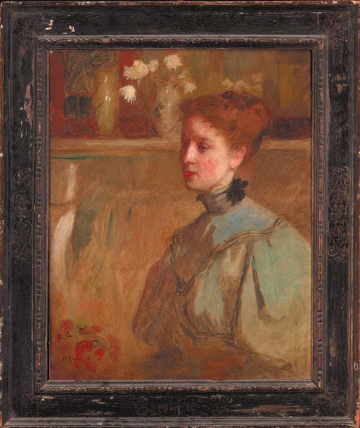 Portrait of Flora Priestley, half-length, in a blue dress, in an interior
