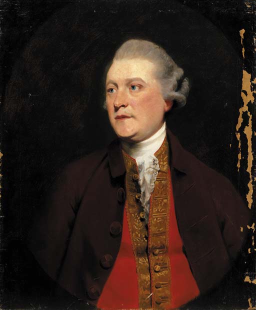 Portrait of a gentleman, half-length, in a brown coat and red waistcoat with gold trim, feigned oval
