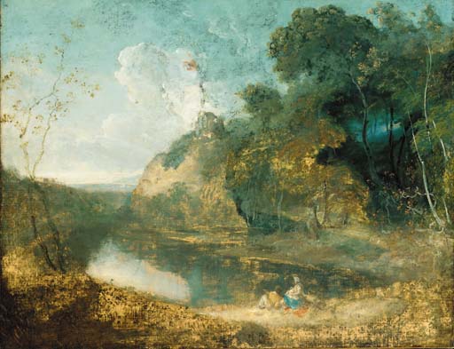 A wooded river landscape,with countryfolk resting in the foreground, a hilltop ruin beyond
