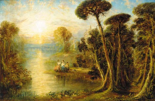 Ladies in a classical river landscape at sunset 
