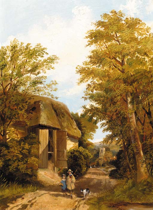 Figures on a track by a barn, a village beyond 
