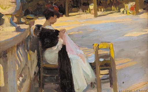 Auguste Jules Marie Leroux (1871 1954) , A young lady sewing in a