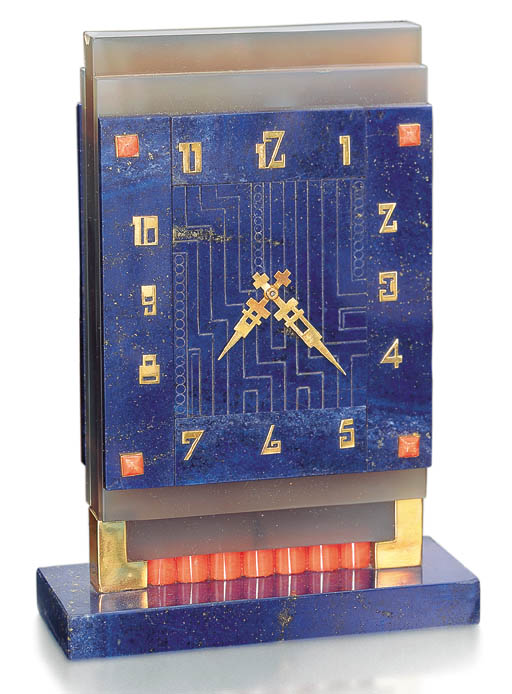 Lapis lazuli, coral and agate table clock, Boucheron, 1929. Sold for CHF 64,625 on 13 November 2001 at Christie&rsquo;s in Geneva
