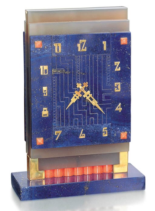 Lapis lazuli, coral and agate table clock, Boucheron, 1929. Sold for CHF 64,625 on 13 November 2001 at Christie’s in Geneva