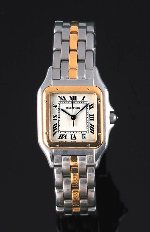 CARTIER. A STAINLESS STEEL AND GOLD SQUARE WRISTWATCH WITH SWEEP CENTRE