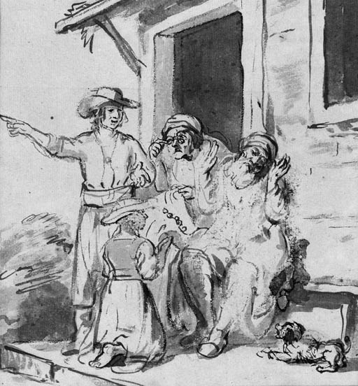 A scene from the Old Testament: A Young couple pleading to an old couple in a doorway
