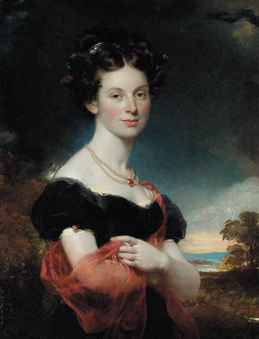 Portrait of a Lady, half-length, in a black dress with a red shawl, standing in a landscape
