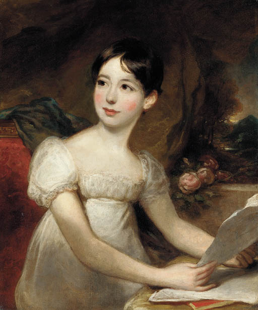 Portrait of a young lady, three-quarter-length, seated, in a white dress, holding a letter, before a curtain, a landscape beyond

