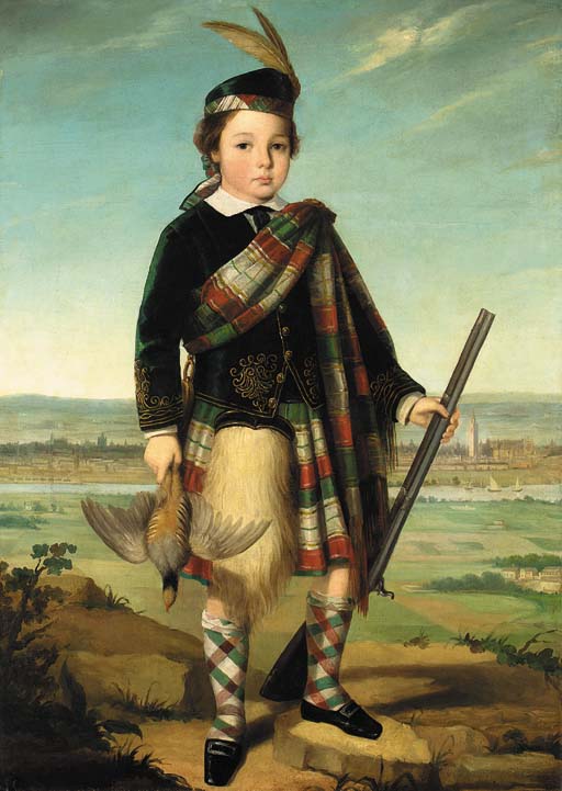 Portrait of a boy, full-length, in Highland dress, with a musket in his left hand and a partridge in his right
