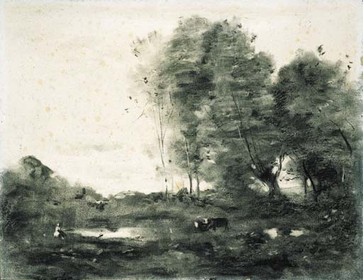 An extensive wooded landscape with cows 
