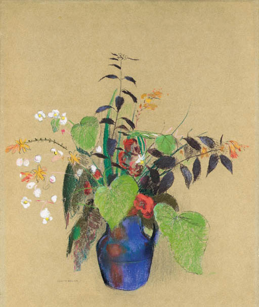 Fleurs dans une cruche bleue 
