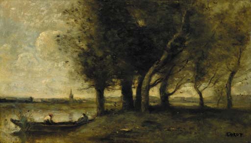 Barque a la Rive, au pied d'un groupe d'arbres 

