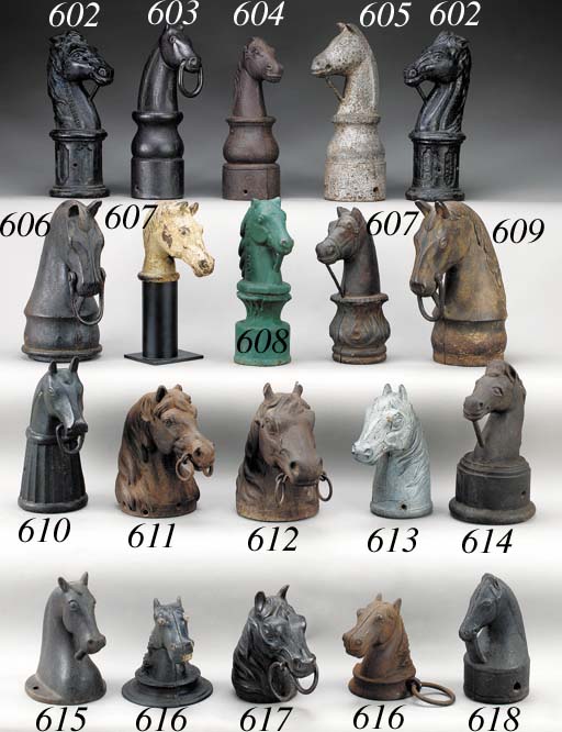 TWO CAST-IRON HORSE-HEAD HITCHING POST FINIALS , AMERICAN ...