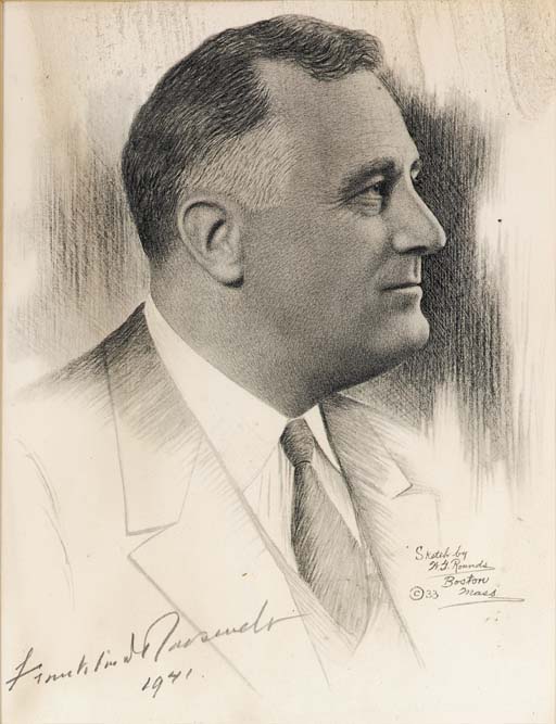 ROOSEVELT, FRANKLIN D. LITHOGRAPHIC PRINT OF A PENCIL PORTRAIT BY W.G