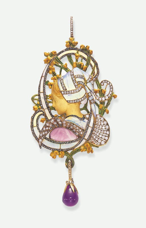 Henri Vever, Art Nouveau enamel and gem-set ‘La Bretonne’ pendant, circa 1900. Sold for $270,000 — a world auction record for Henri Vever — on 22-23 October 2001 at Christie’s in New York