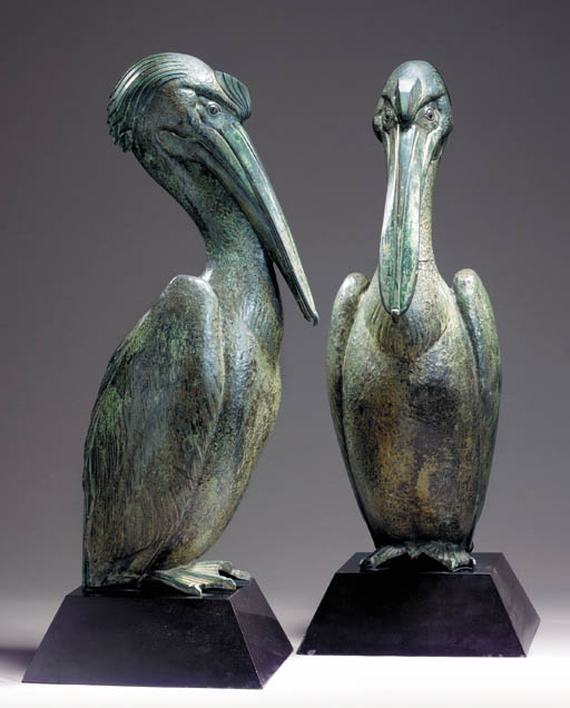 TWO LARGE PATINATED BRONZE PELICAN SCULPTURES , ALBERT CHEURET, CIRCA