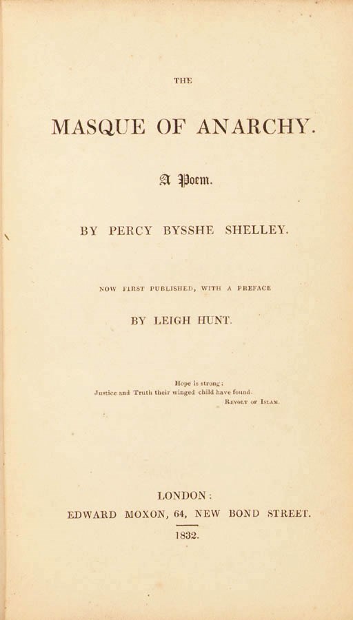 SHELLEY, Percy Bysshe. The Masque of Anarchy. A Poem. Preface by Leigh