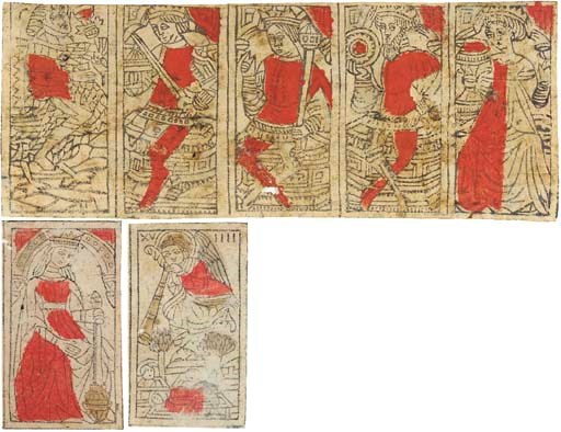 , RENAISSANCE PLAYING CARDS -- An uncut strip of five Italian-suited ...