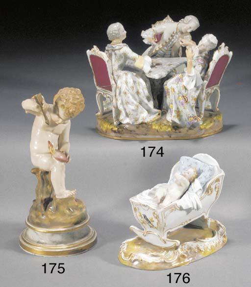 A Meissen figure of a girl bowling , 20TH CENTURY, BLUE CROSSED