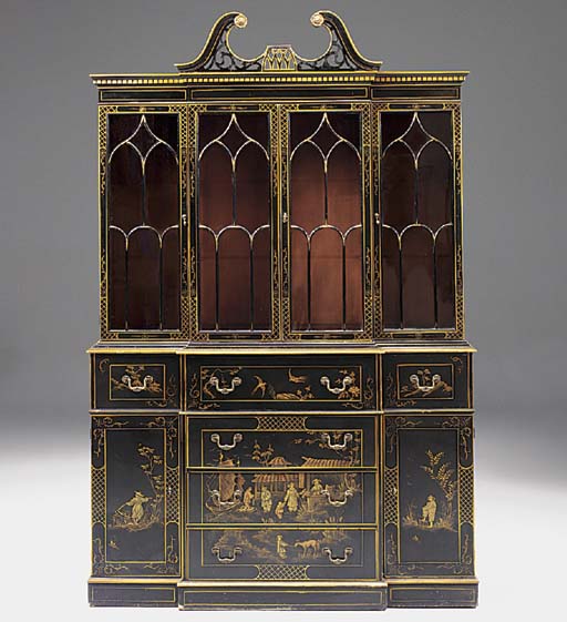A Black Lacquer And Gilt Chinoiserie Decorated Breakfront Secretaire Library Bookcase 20th Century