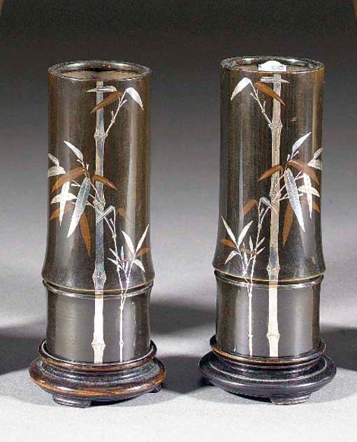 A pair of bamboo form bronze vases Meiji Period