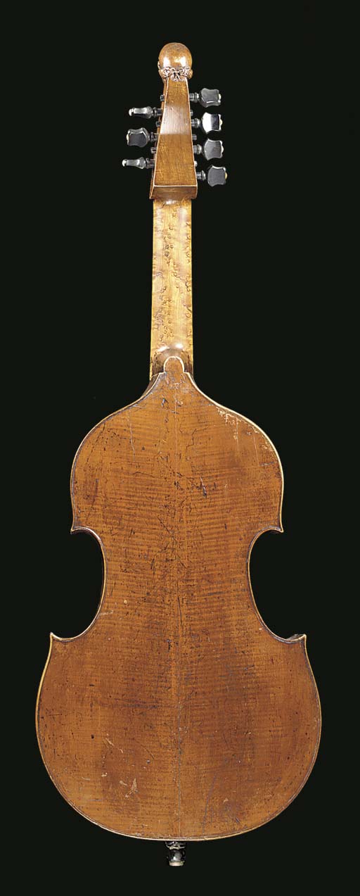 A viola da gamba, labelled Barak Norman, Bass Viol, Saint Paul's alley