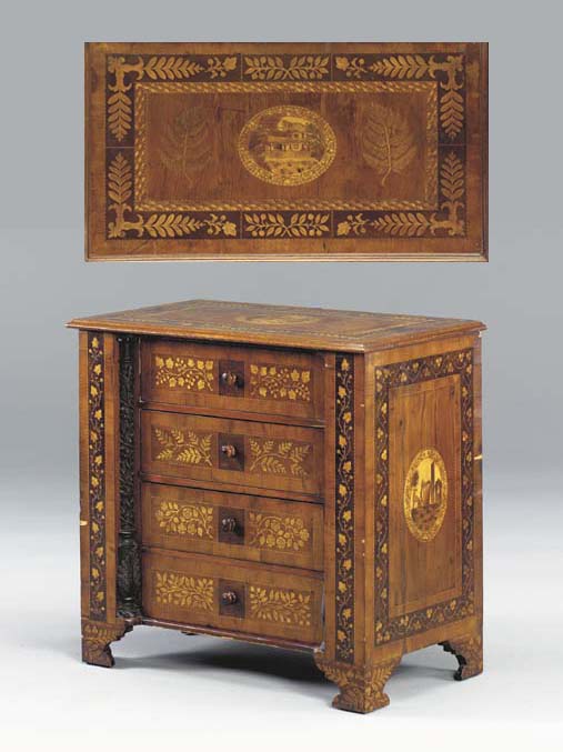 AN IRISH VICTORIAN YEW WOOD AND MARQUETRY CHESTOFDRAWERS