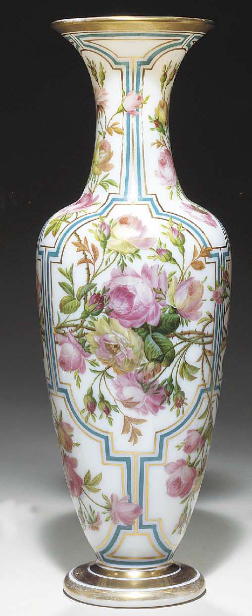 A FRENCH WHITE OPAQUE GLASS BALUSTER VASE