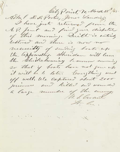 Grant Ulysses S Autograph Letter Signed U S Grant As General In Chief To Admiral Admiral David