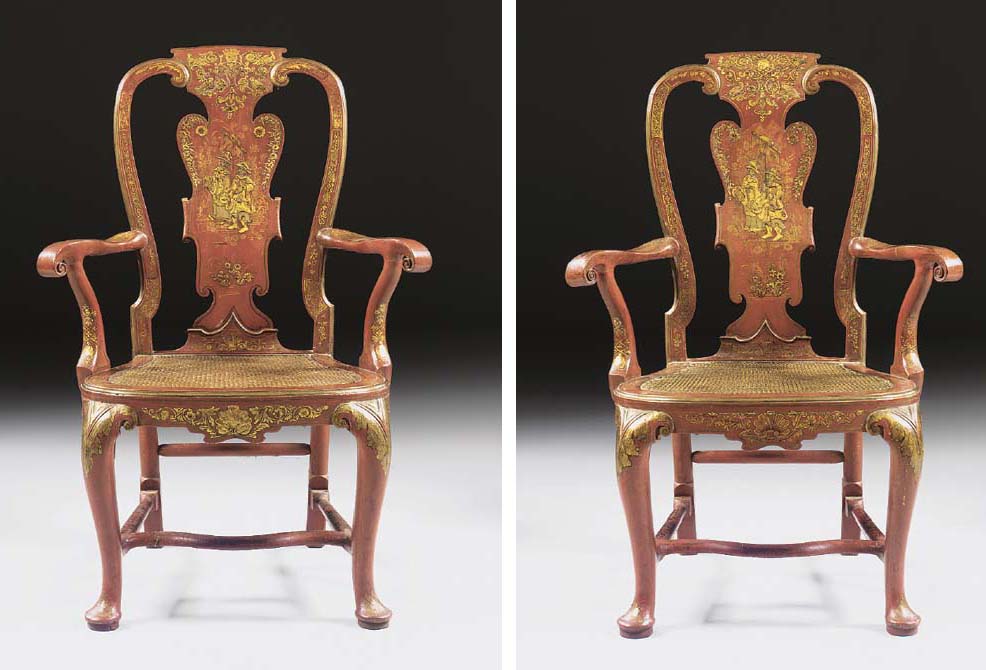 A Pair Of George Ii Red And Gilt Japanned Open Armchairs