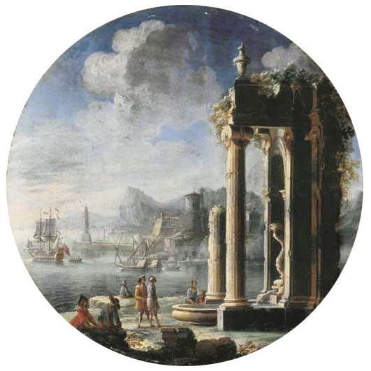 A capriccio of architectural ruins with figures by a fountain, a Dutch frigate and other shipping in a bay beyond
