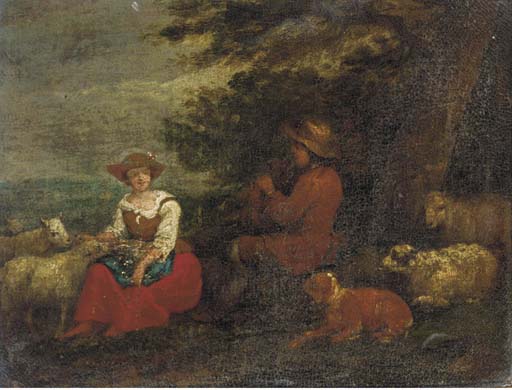 A shepherd playing a flute to a shepherdess with sheep and a dog 
