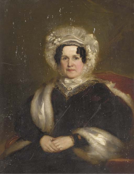 Portrait of Obadiah Willans, seated half-length, in a black jacket, holding a pair of spectacles; and Portrait of Mrs Williams, seated half-length, in a black dress and fur shawl, flowers in her lace mop cap
