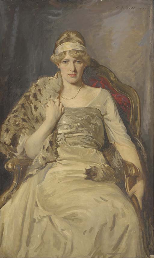 Portrait of a lady, seated three-quarter-length, in a white dress and fur shawl
