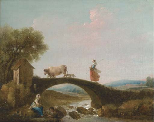 A river landscape with a girl walking over a bridge, anglers beneath 
