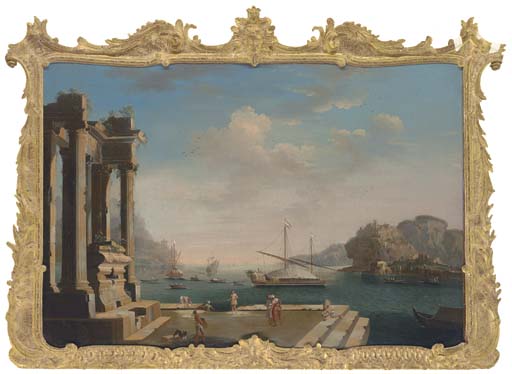 A Mediterranean harbour with shipping and figures on a quay by a ruined classical temple
