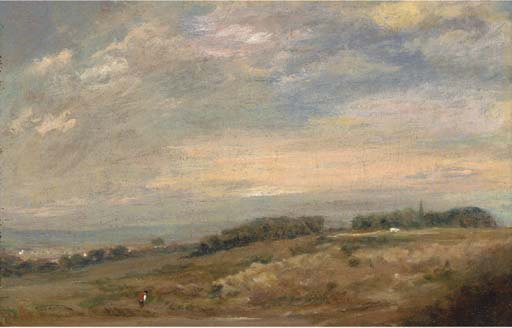 An extensive landscape with a figure in the foreground, traditionally identified as Sandpits near Dedham

