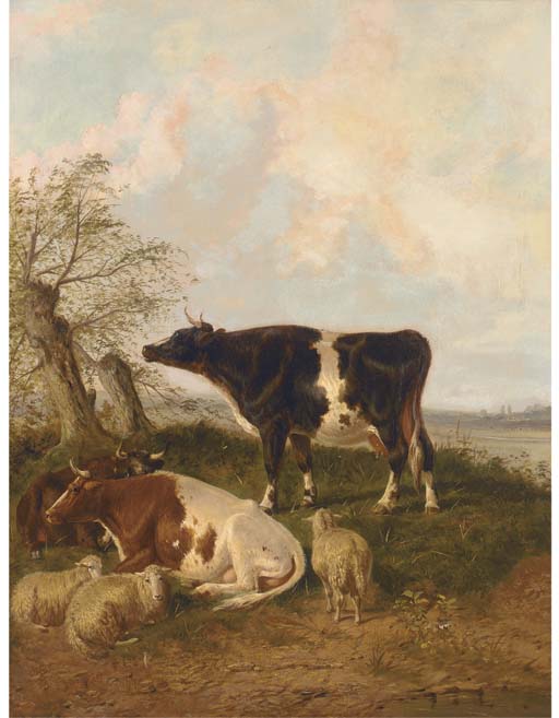 Cattle and sheep resting in a river landscape 
